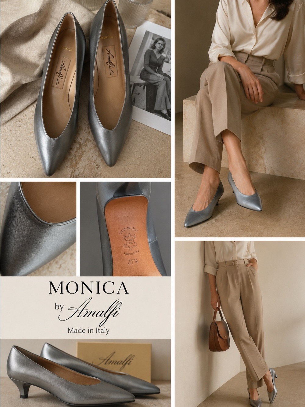 Vintage Elegant Metallic Pewter Slip On Pump Monica Italy Size 7.5 AA Narrow
